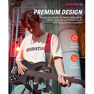 Donner DPJ 100B 4 String PJ Style Electric Bass Full Size for Beginner with Bag, Guitar Strap, Guitar Cable, Black
